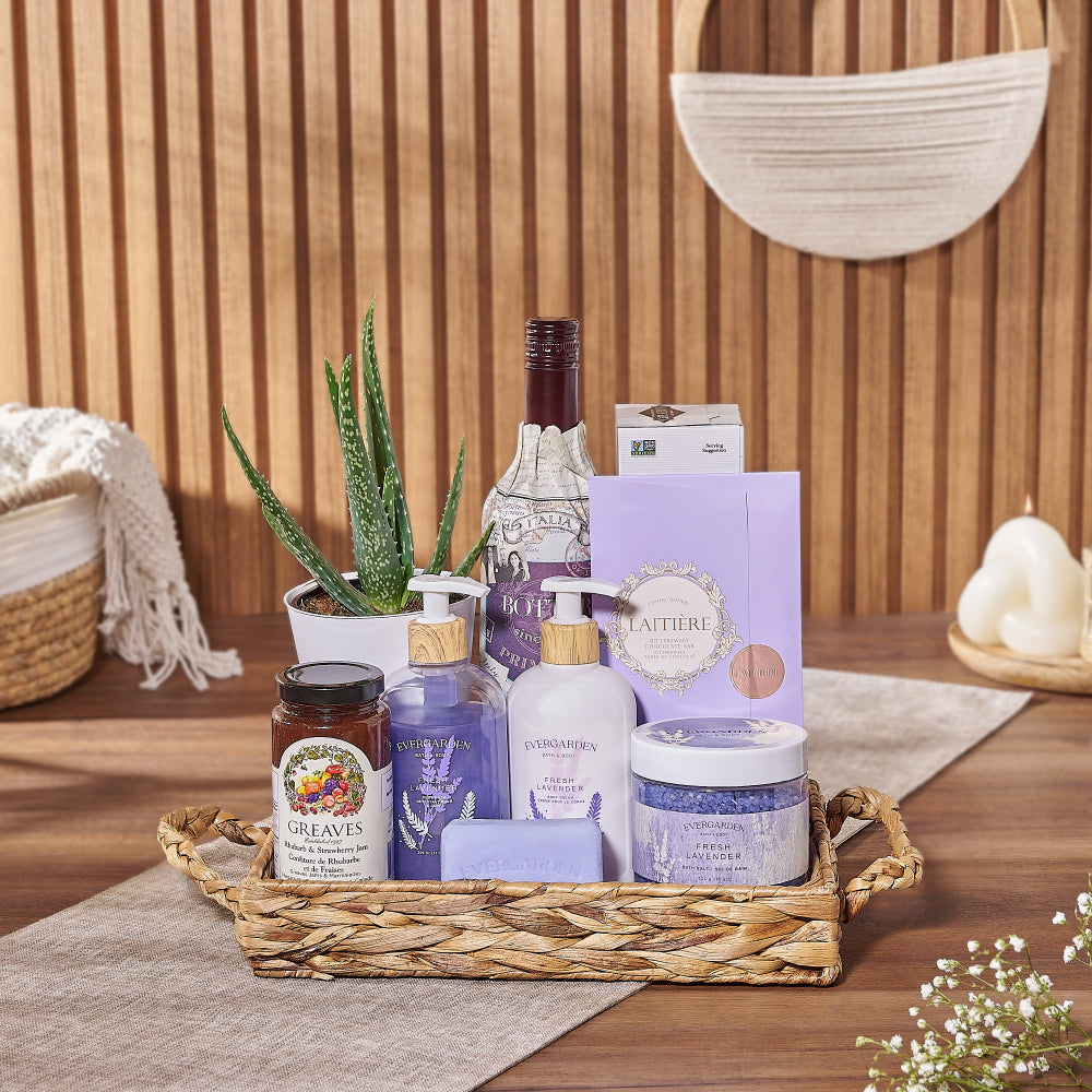 Woven Rectangular Tray Spa Basket with Lavender Bath and Wine – how the gift is presented