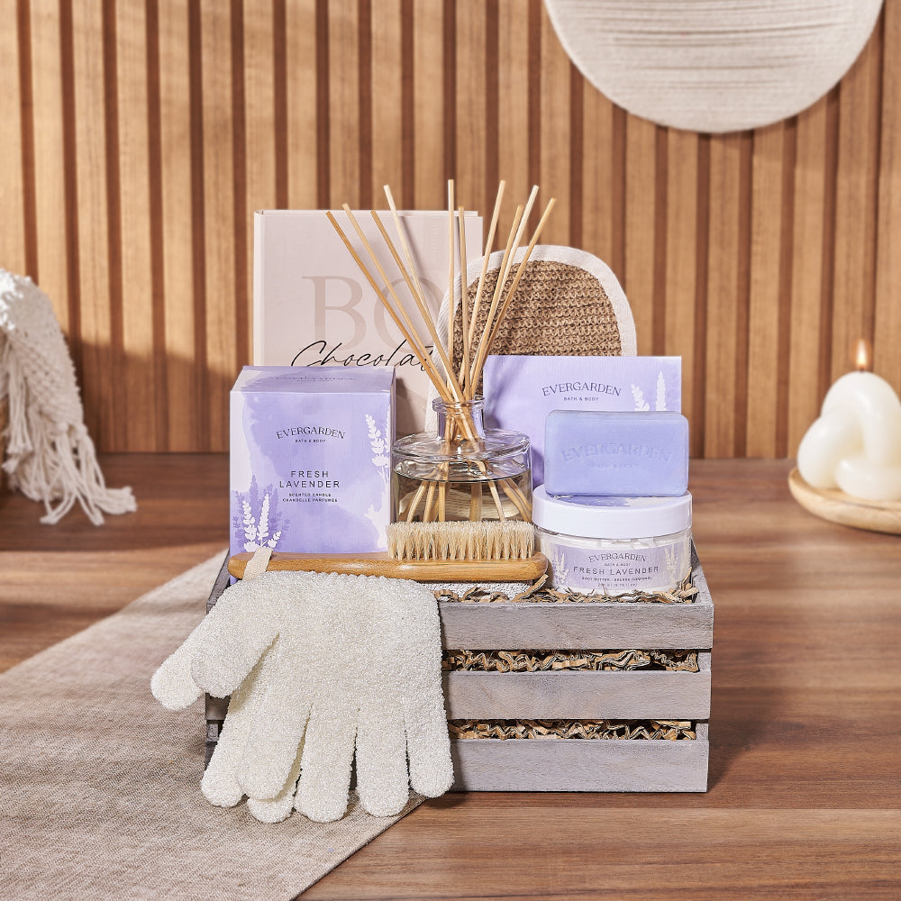 BOSS Milk Chocolate and Lavender Spa Essentials in Grey Crate – how the gift is presented