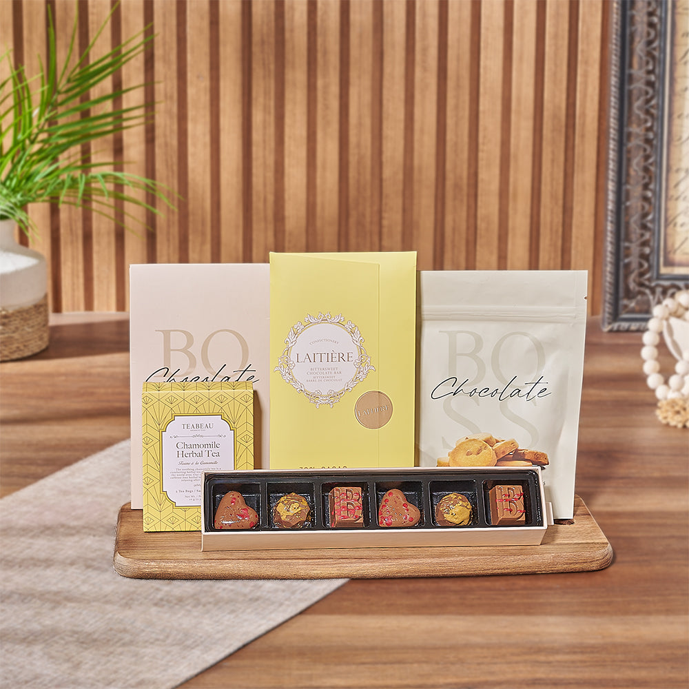 Gourmet Chocolate Treats with Wooden Serving Board Gift Basket – how the gift is presented