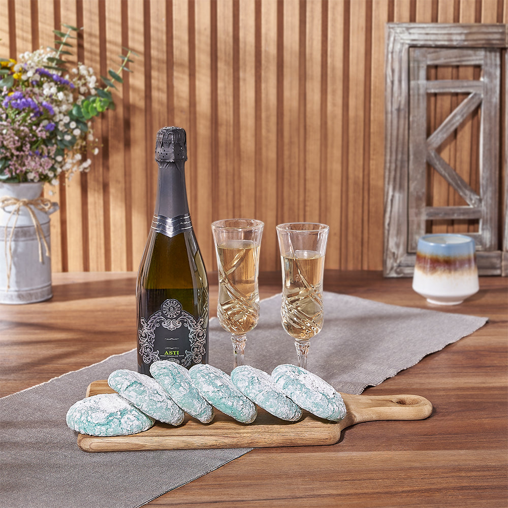 Premium Sparkling Wine Gift Basket with Hanukkah Cookies and Flutes – how the gift is presented