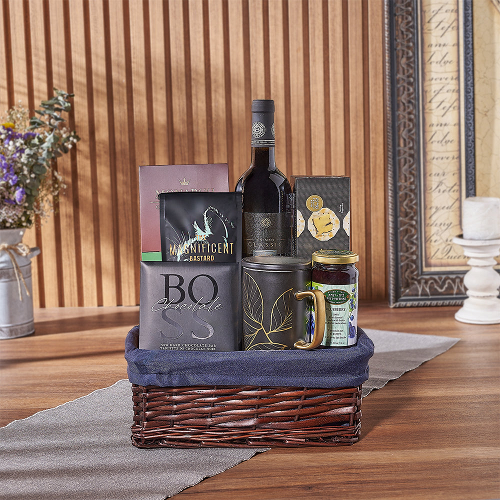 Hanukkah Celebration Gift Basket with Kosher Wine and Gourmet Snacks – how the gift is presented
