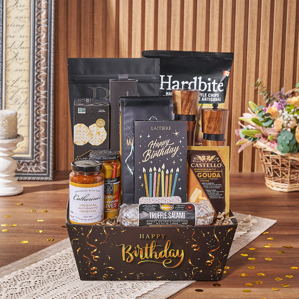 Birthday Dark Chocolate and Salami Basket – how the gift is presented