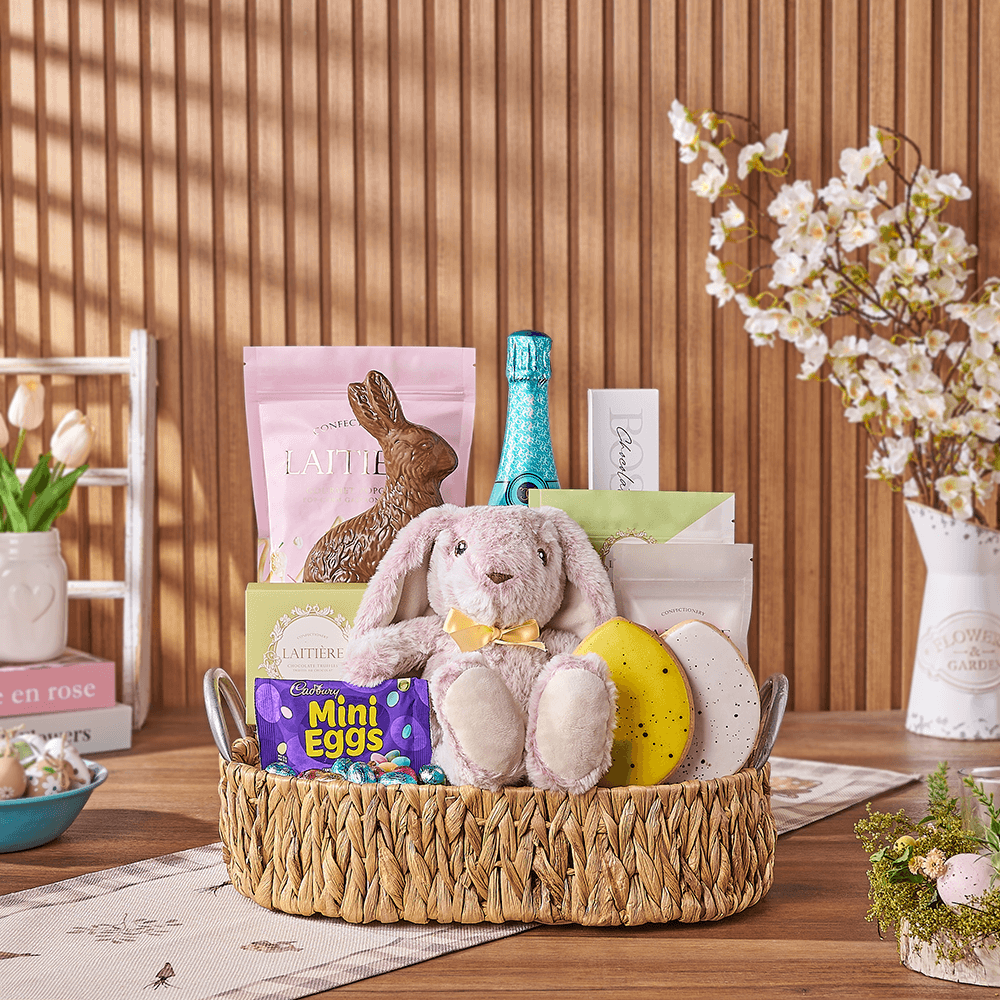 Bunny and Sparkling Wine Gourmet Gift Basket in Oval Woven Tray – how the gift is presented