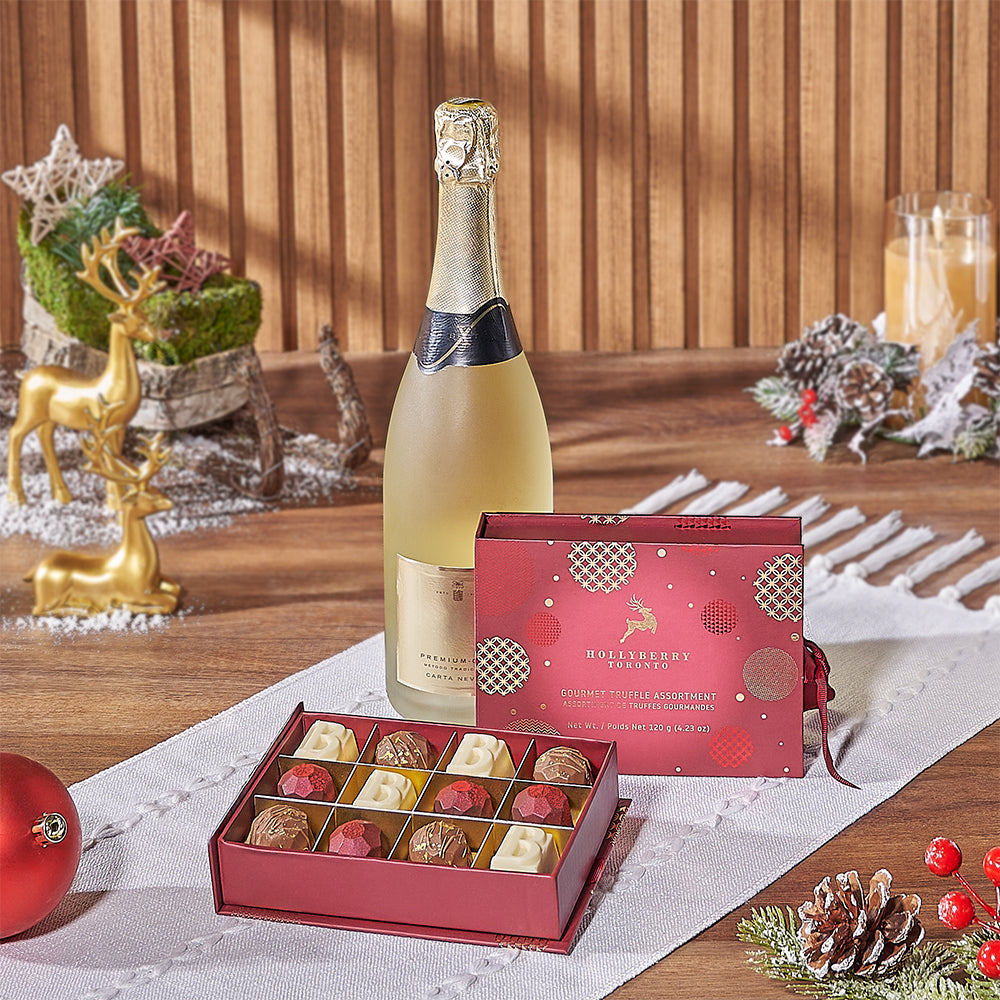 Christmas Celebration Basket with Sparkling Wine and Hollyberry Chocolates – how the gift is presented
