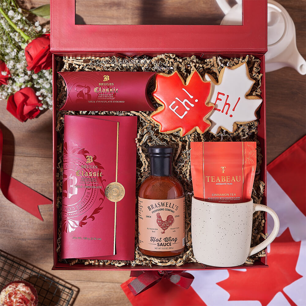 Canada Day Gourmet Gift Basket with Chocolate and Tea – how the gift is presented