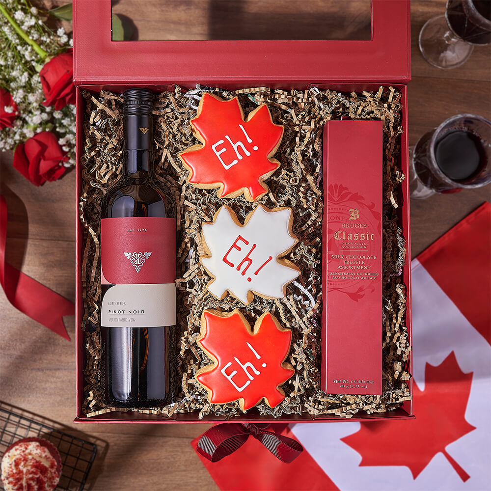 Canada Day Wine and Gourmet Gift Box with Bruges Truffles – how the gift is presented