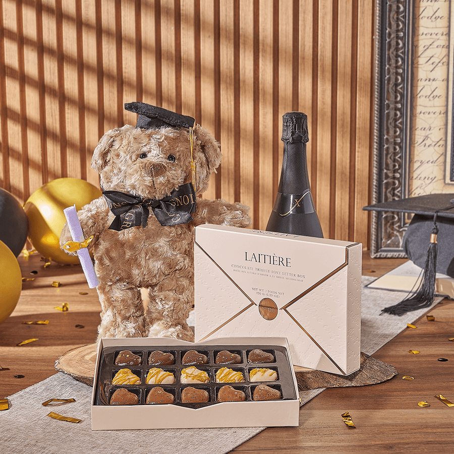 Champagne & Graduate Bear, champagne gift, champagne, sparkling wine gift, sparkling wine, graduation gift, graduation, chocolate gift, chocolate, Hamilton delivery