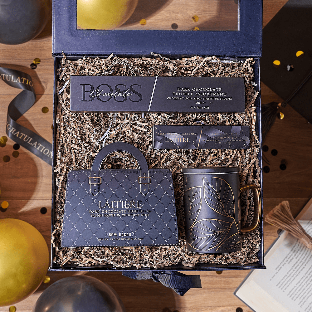 Blue Windowed Gift Box with Dark Chocolate for Graduation – how the gift is presented