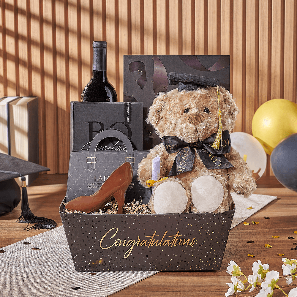 Celebration Gift Basket with Dark Chocolate High Heels – how the gift is presented