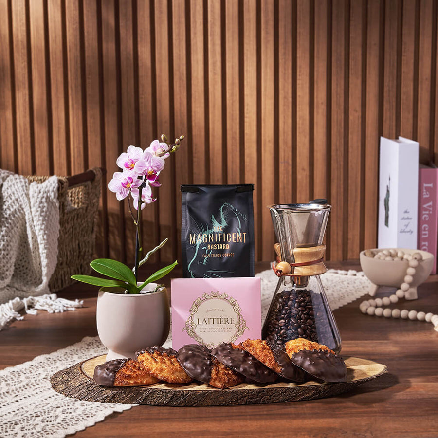 Davenport Coffee & Macaroons Basket, coffee gift, coffee, cookie gift, cookie, plant gift, plant, macaroon gift, macaroon, Hamilton delivery