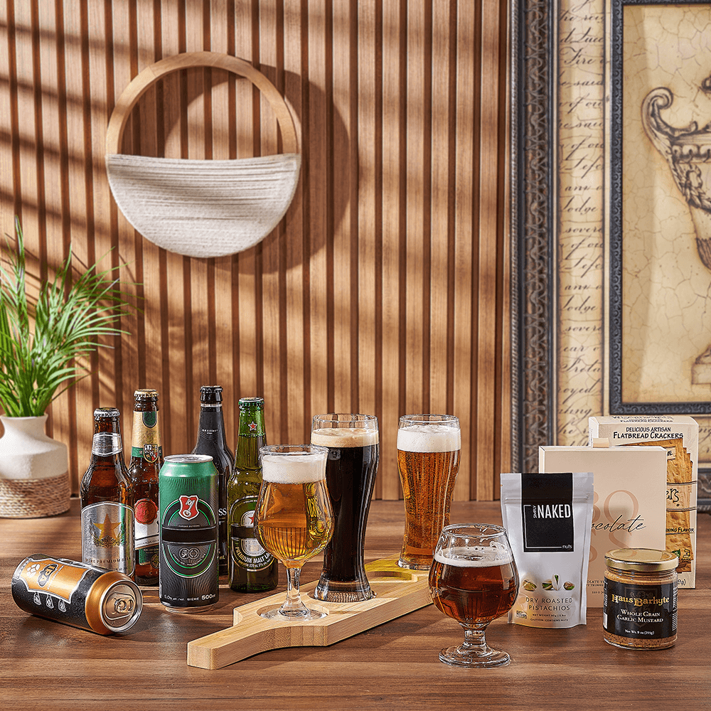 Premium Beer Flight Board Gift Basket with Truffles and Pistachios – how the gift is presented