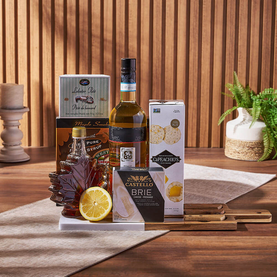 Deluxe Smoked Salmon & Citrus Gift Basket with Wine, wine gift, wine, gourmet gift, gourmet, cheese gift, cheese, cheese board gift, cheese board, Hamilton delivery