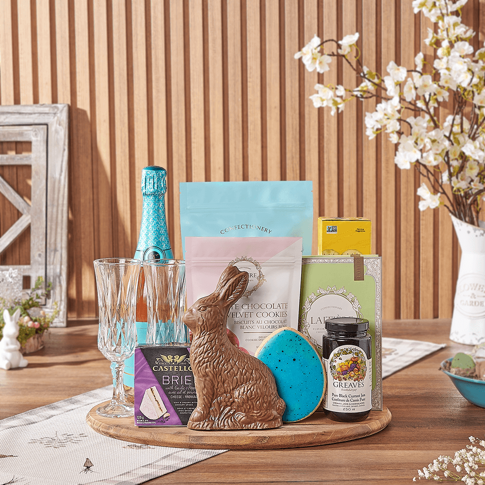 Premium Sparkling Wine Easter Gift with Chocolates and Cheese – how the gift is presented