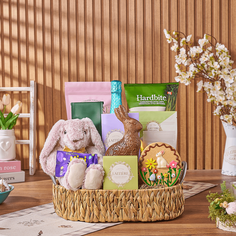 Plush Bunny and Gourmet Snacks Sparkling Wine Easter Gift Basket – how the gift is presented