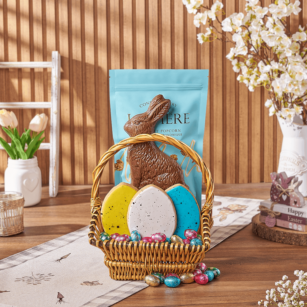 Easter Hand-Decorated Cookies and Chocolate Gift Basket – how the gift is presented
