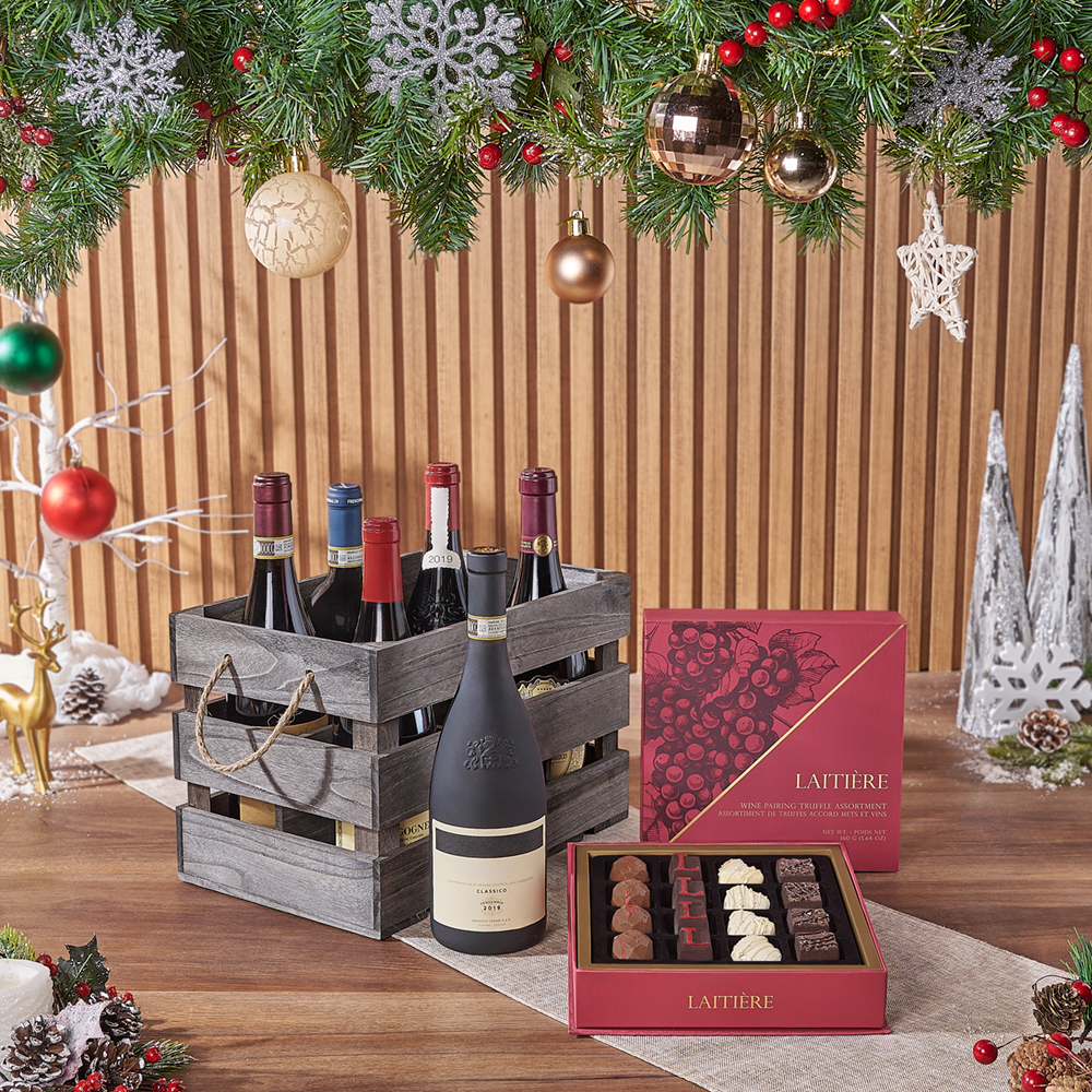 Vintage Wine Collection with Wine Pairing Chocolates in Wooden Gift Crate – how the gift is presented