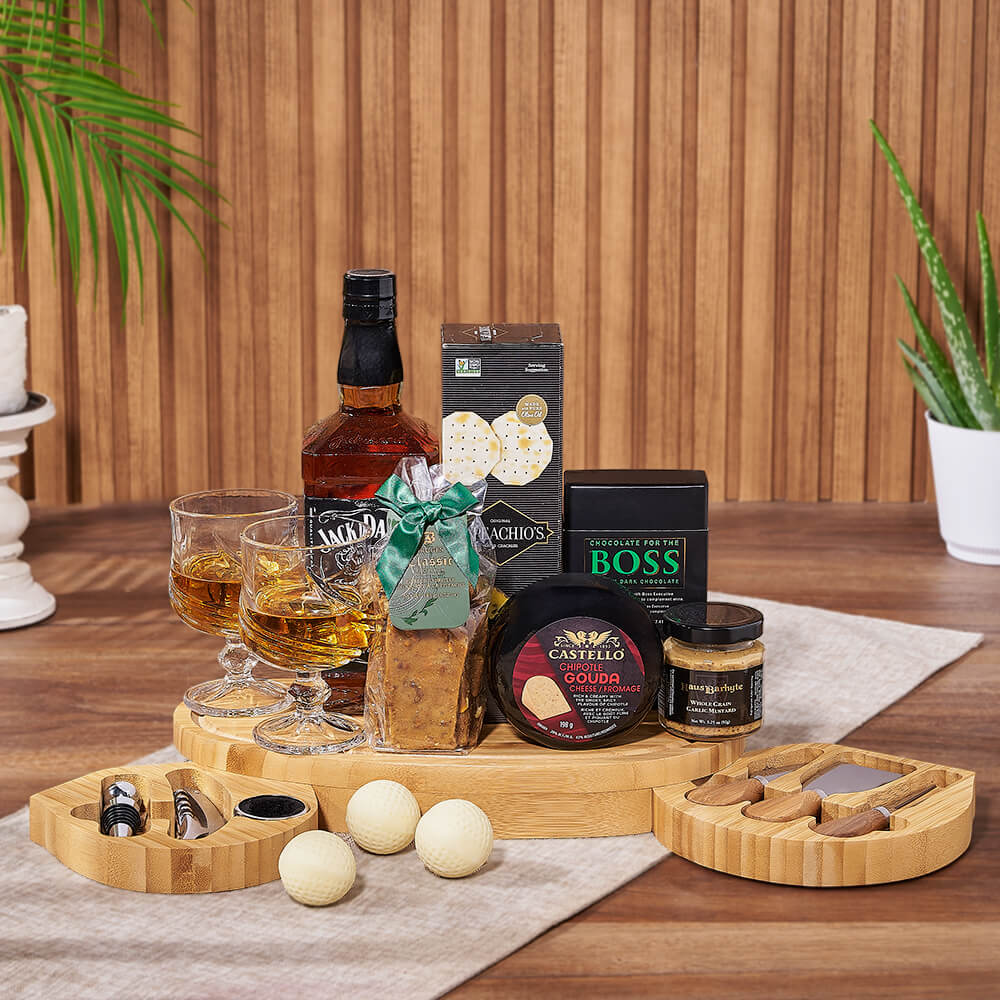 Gourmet Snack and Liquor Gift Basket on Golf Cheese Board – how the gift is presented