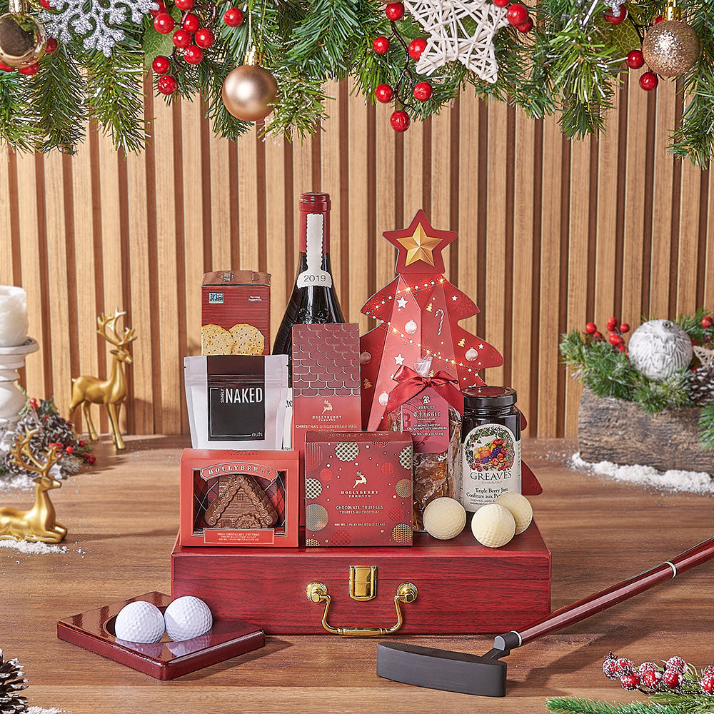Premium Wine Gift Basket with Christmas Tree Box of Chocolate Truffles – how the gift is presented