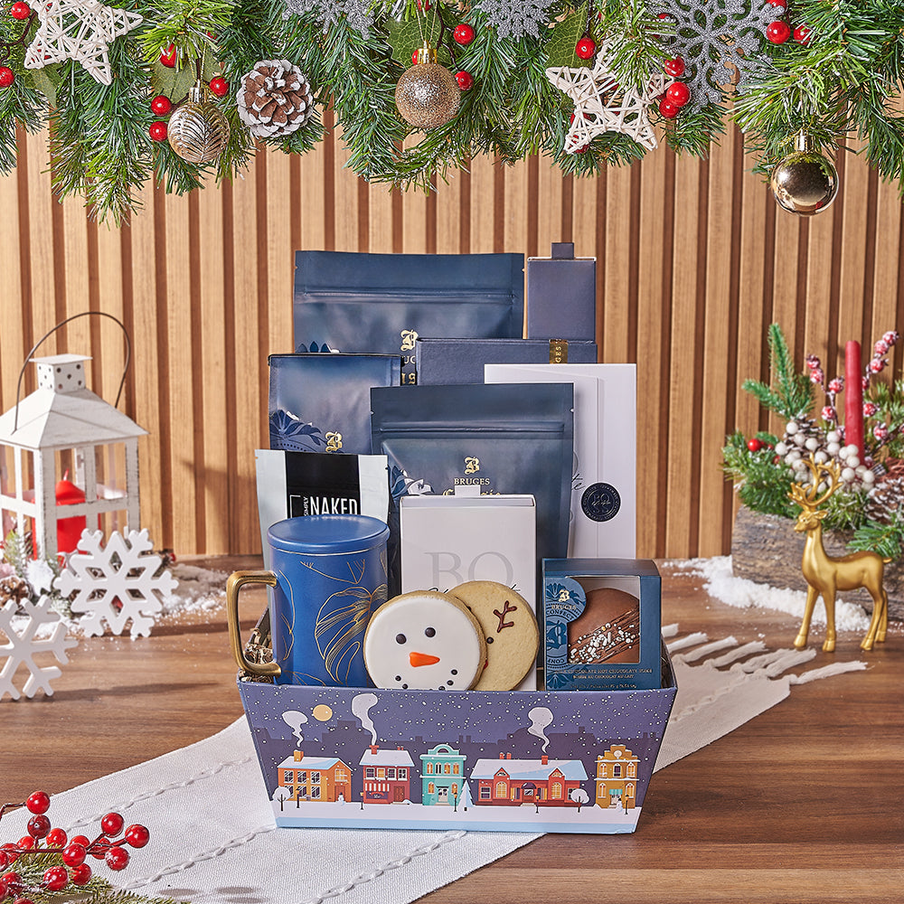 Holiday Chocolate and Coffee Gift Basket with Blue Mug – how the gift is presented