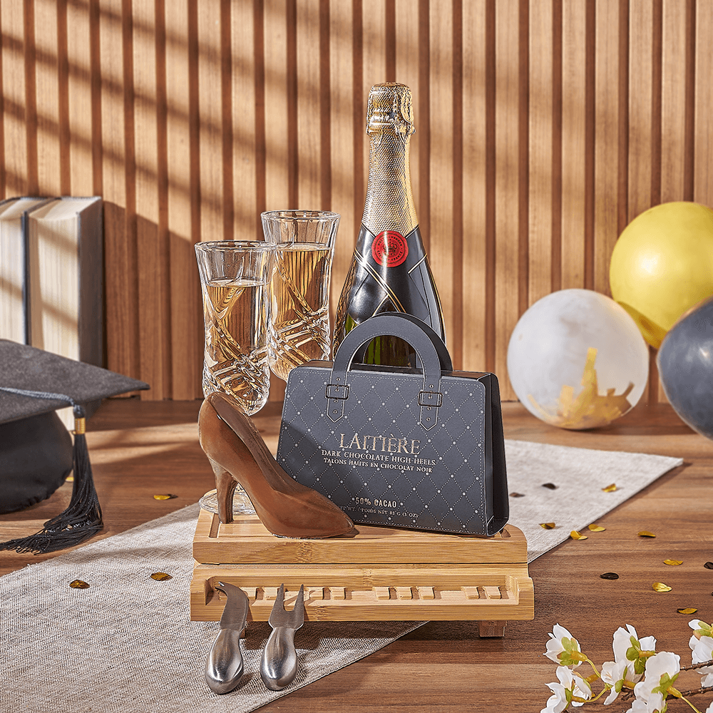 Sparkling Wine Basket Featuring Bamboo Cheese Board and Champagne Flutes – how the gift is presented