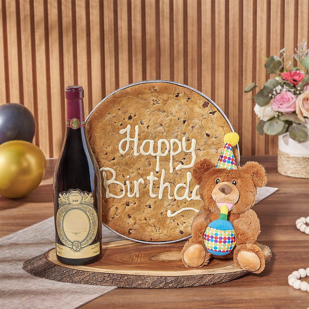 Birthday Wine and Cookie Gift Basket – how the gift is presented