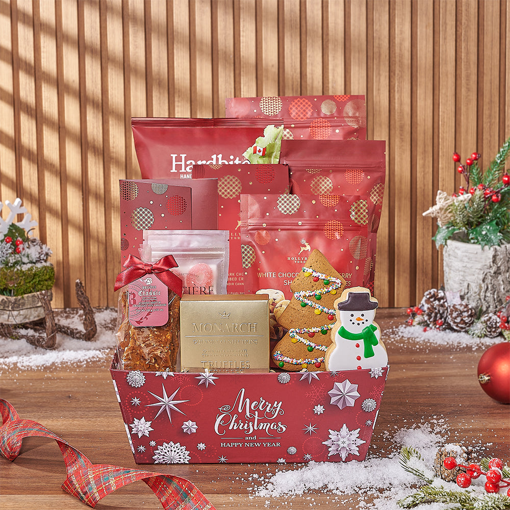 Festive Deep Red Market Tray with Holiday Treats Gift Basket – how the gift is presented