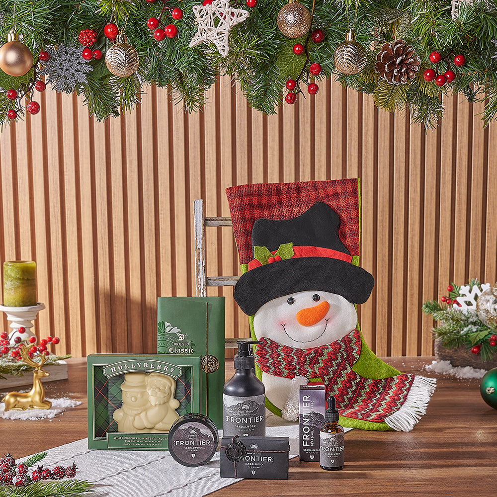Men's Holiday Stocking with White Chocolate and Spa Products – how the gift is presented