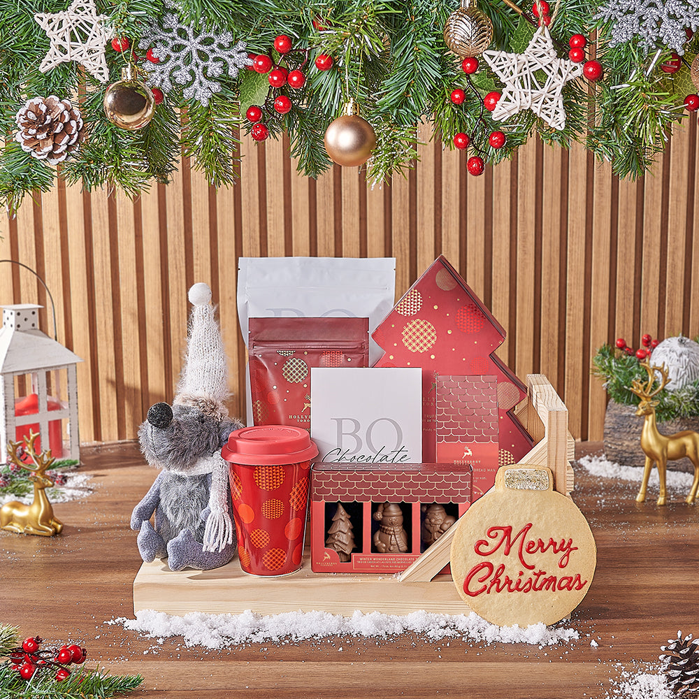 Holiday Chocolate and Truffle Gift Basket in Wooden Sled – how the gift is presented