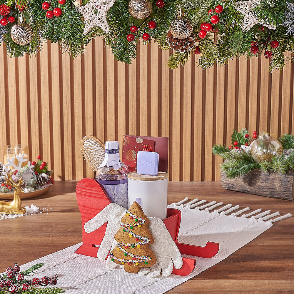 Traditional Red Wooden Sled Gift Basket with Lavender Spa Set – how the gift is presented