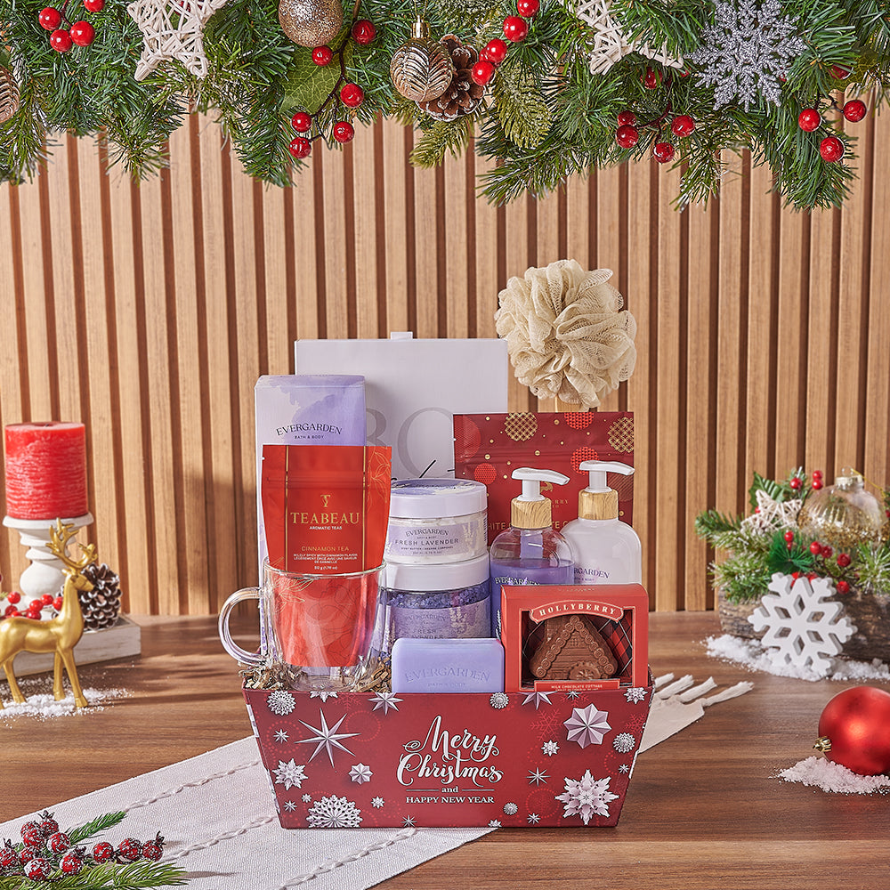 Holiday Season White Chocolate and Lavender Spa Gift Basket – how the gift is presented