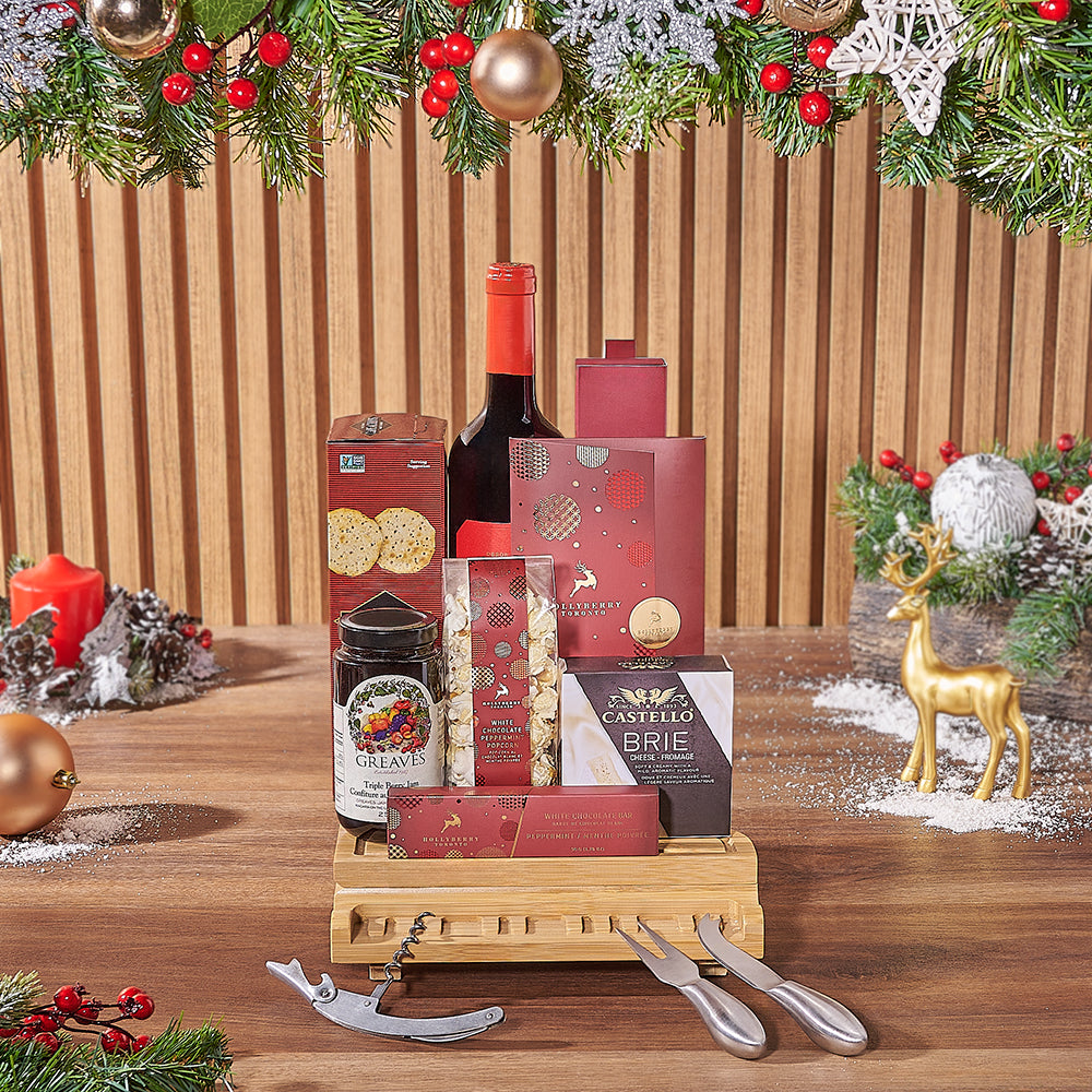 Festive Wine Basket with Brie Cheese, Triple Berry Jam, and Gourmet Snacks – how the gift is presented
