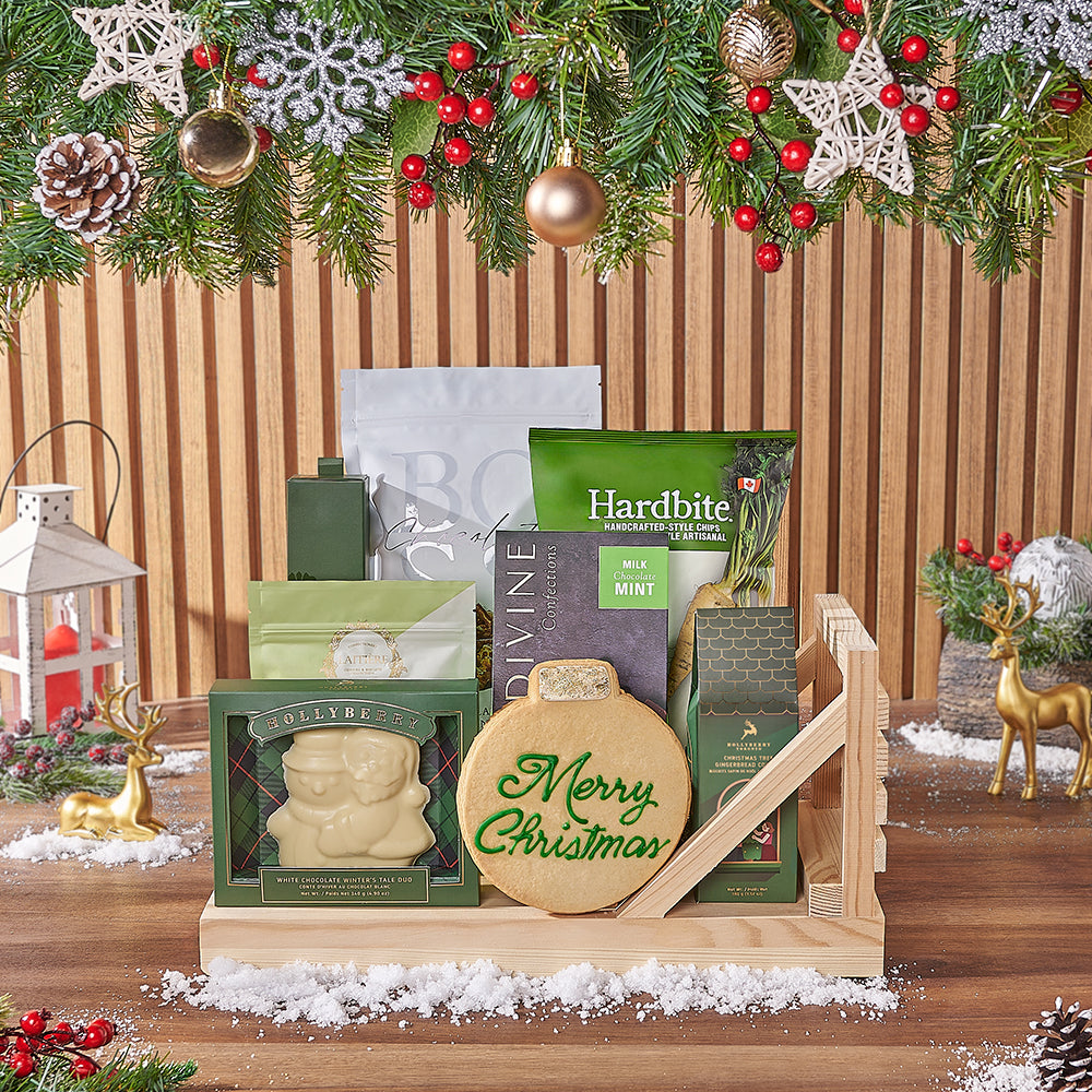 Holiday Assortment Gift Basket with White Truffle Chocolates – how the gift is presented