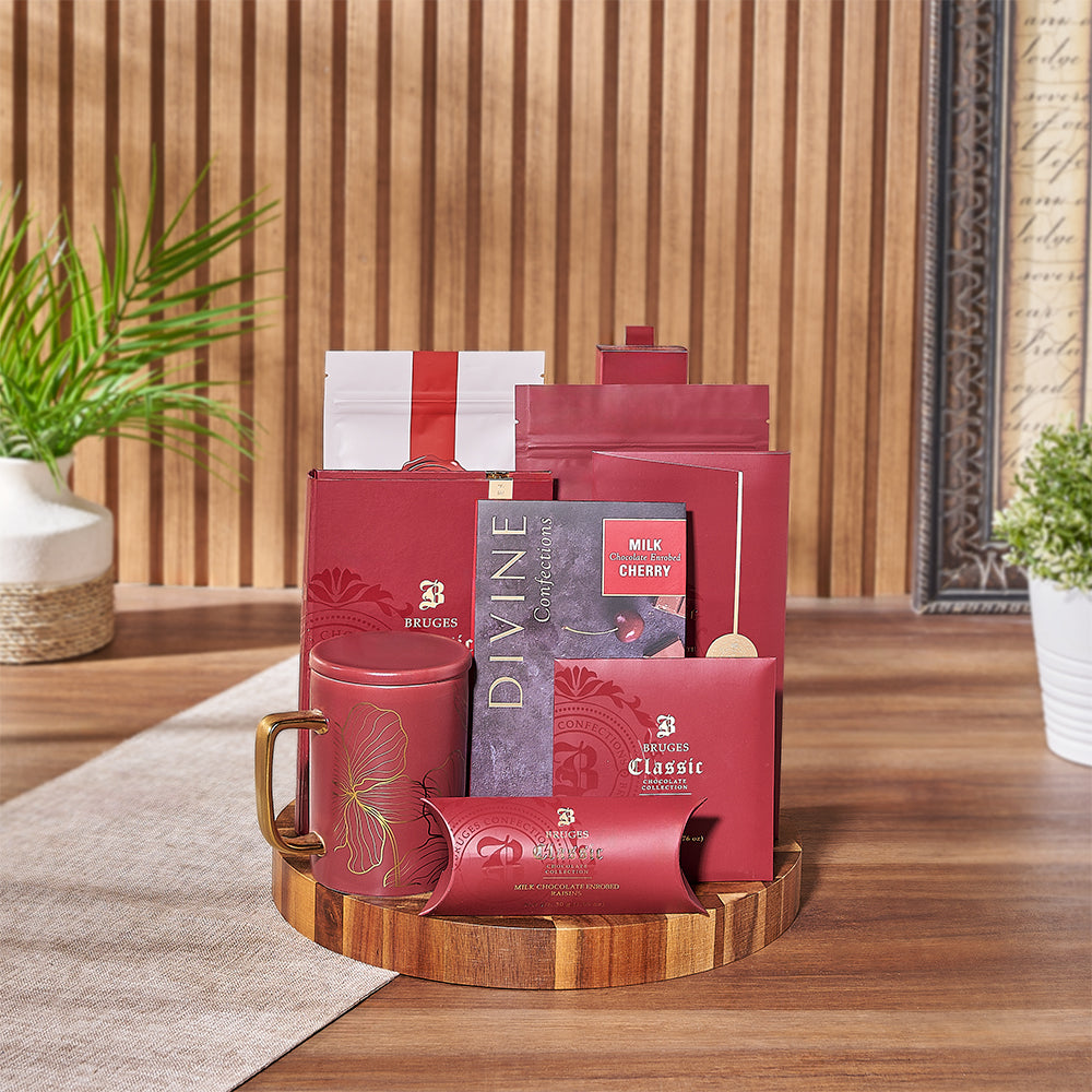 Gourmet Chocolate Lover's Gift Basket with Mug and Cutting Board – how the gift is presented