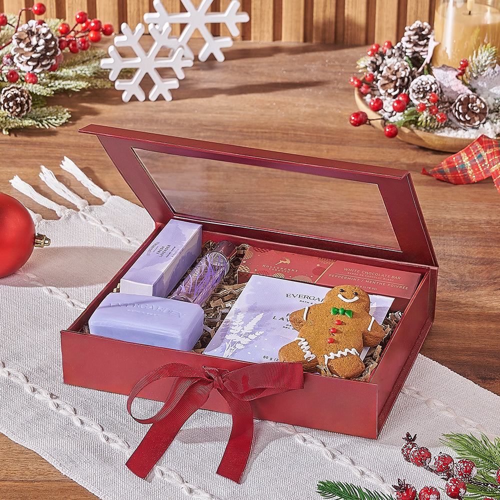 Christmas Lavender Gift Box with Bath Salts and Gourmet Treats – how the gift is presented
