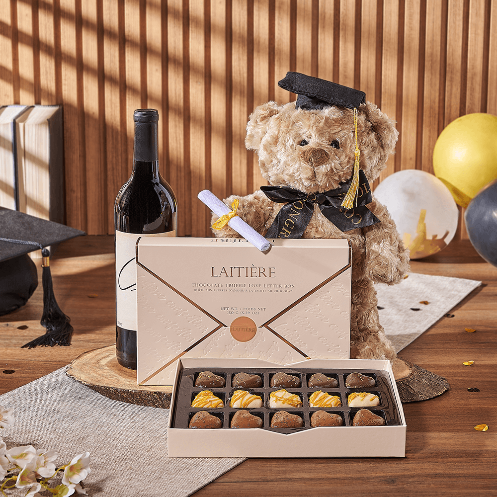 Laitière Chocolate Truffle Love Letter and Wine Gift Basket for Graduation – how the gift is presented