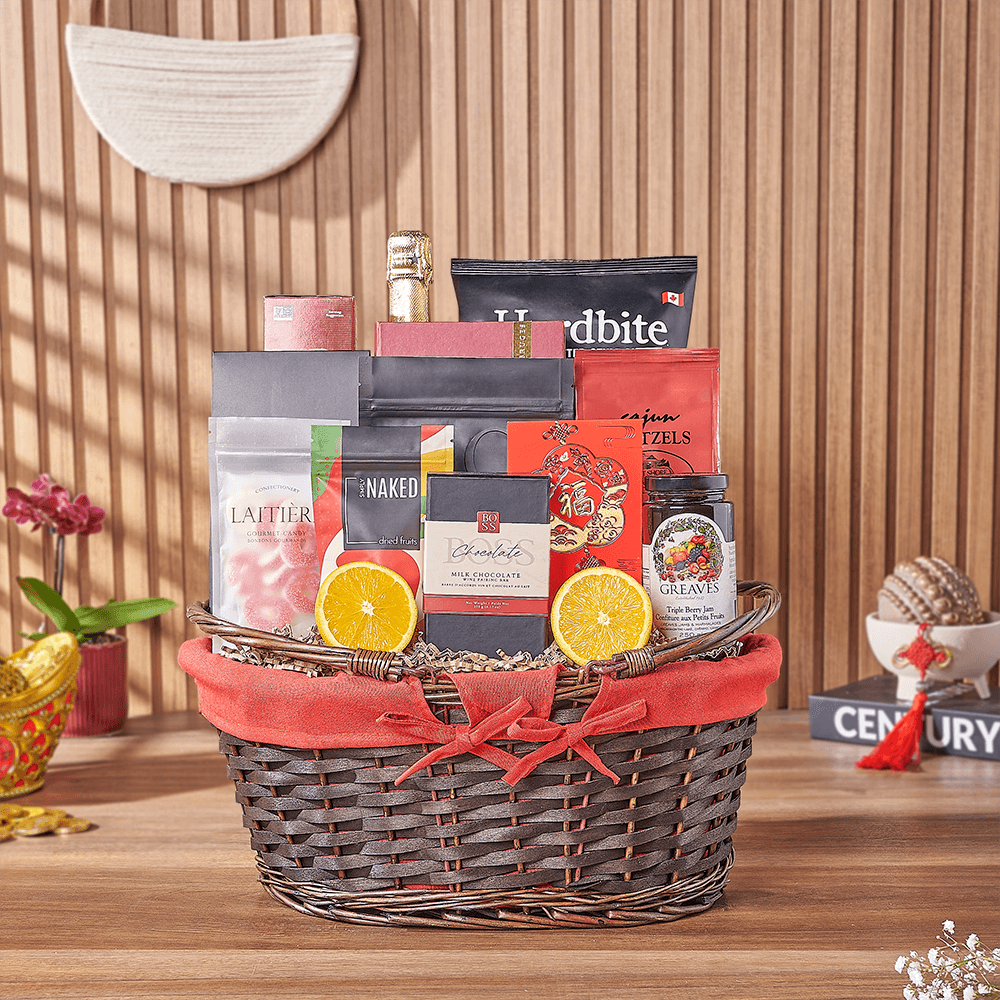 Chinese New Year Oval Wicker Basket with Sparkling Wine and Treats – how the gift is presented