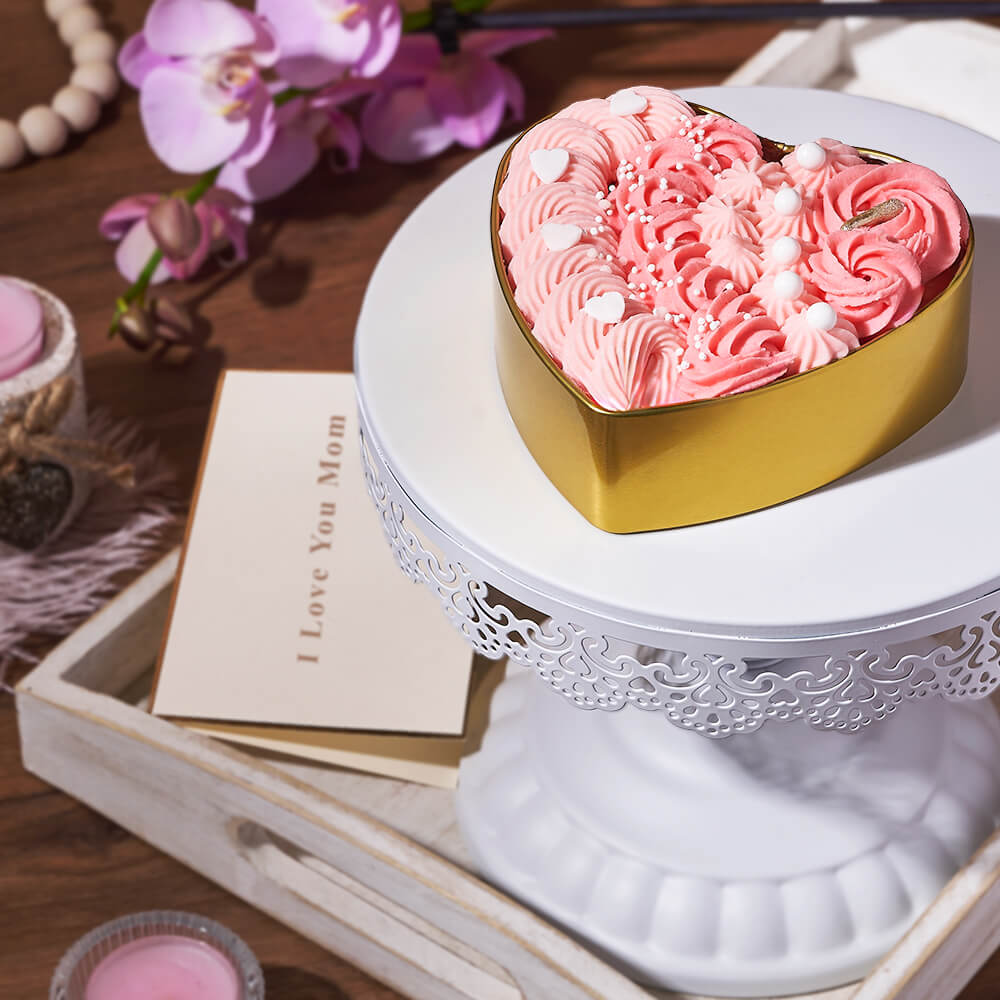 4 Inch Red Velvet Heart Cake in Gold Tin for Mother's Day – how the gift is presented