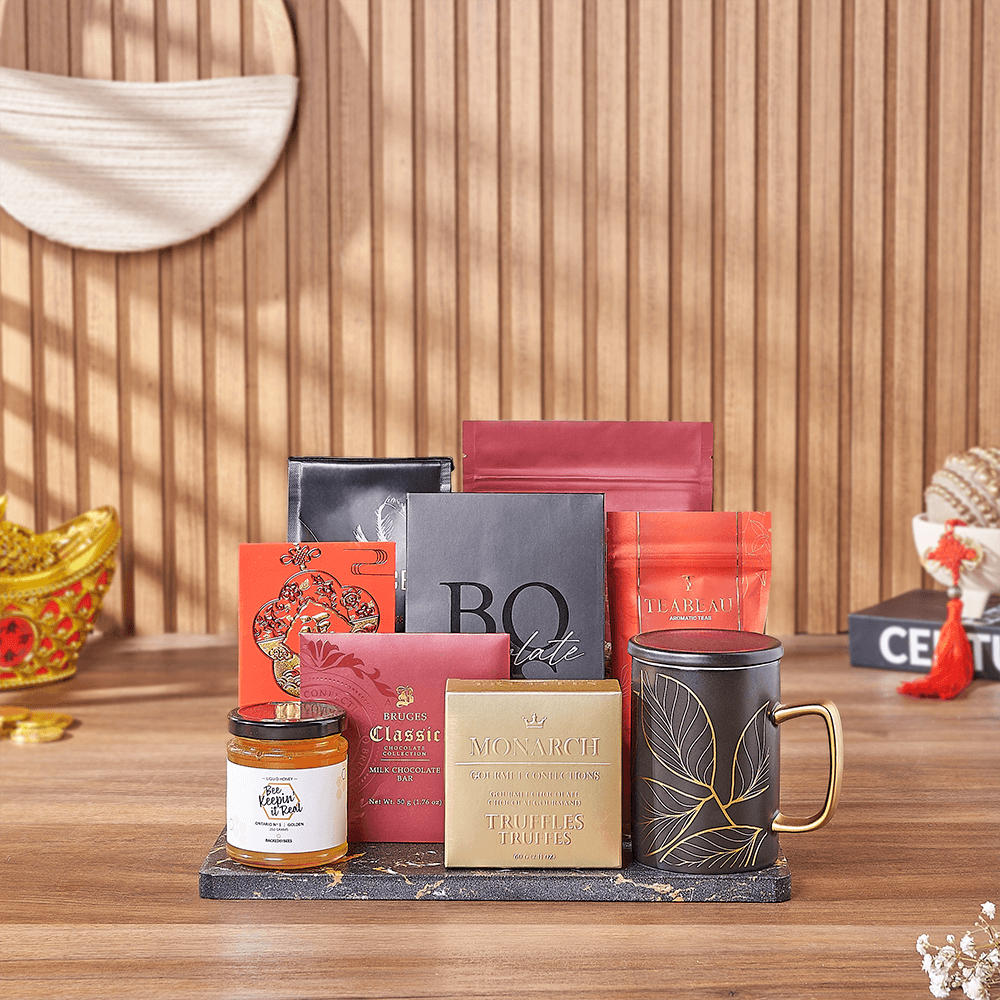 Chinese New Year Deluxe Gourmet Basket with Coffee and Chocolate – how the gift is presented