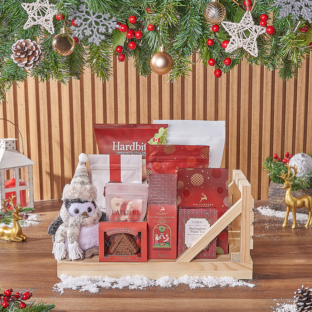 Premium Holiday Gourmet Snack Gift Basket in Pine Wood Sleigh – how the gift is presented