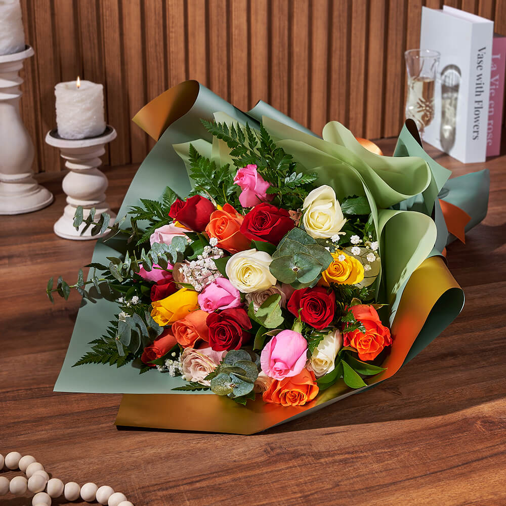 Wrapped Bouquet of Mixed-Colored Roses and Baby's Breath – how the gift is presented