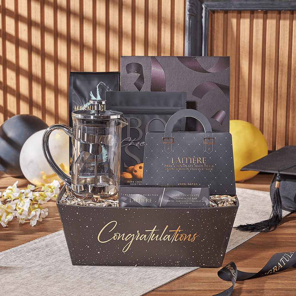 Premium Graduation Basket with Gourmet Champagne Chocolates and Coffee Maker – how the gift is presented