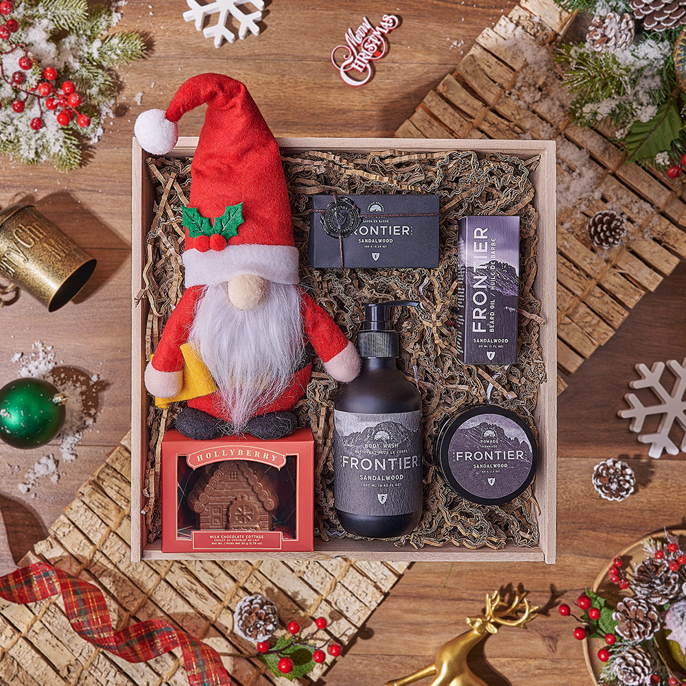 Men's Holiday Spa Essentials Wooden Box with Santa Plush – how the gift is presented