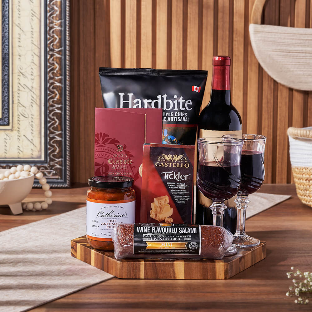 Wine and Cheese Charcuterie Basket – how the gift is presented