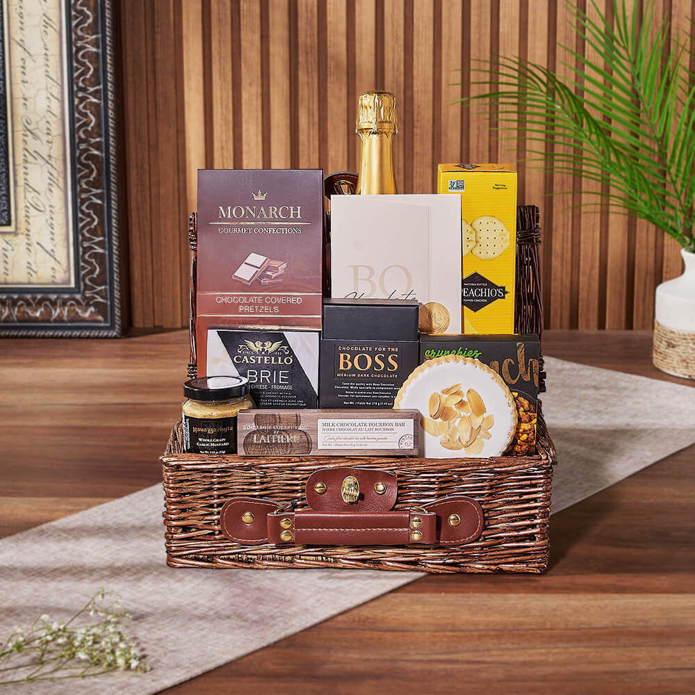 Sparkling Wine and Brie Snack Basket – how the gift is presented