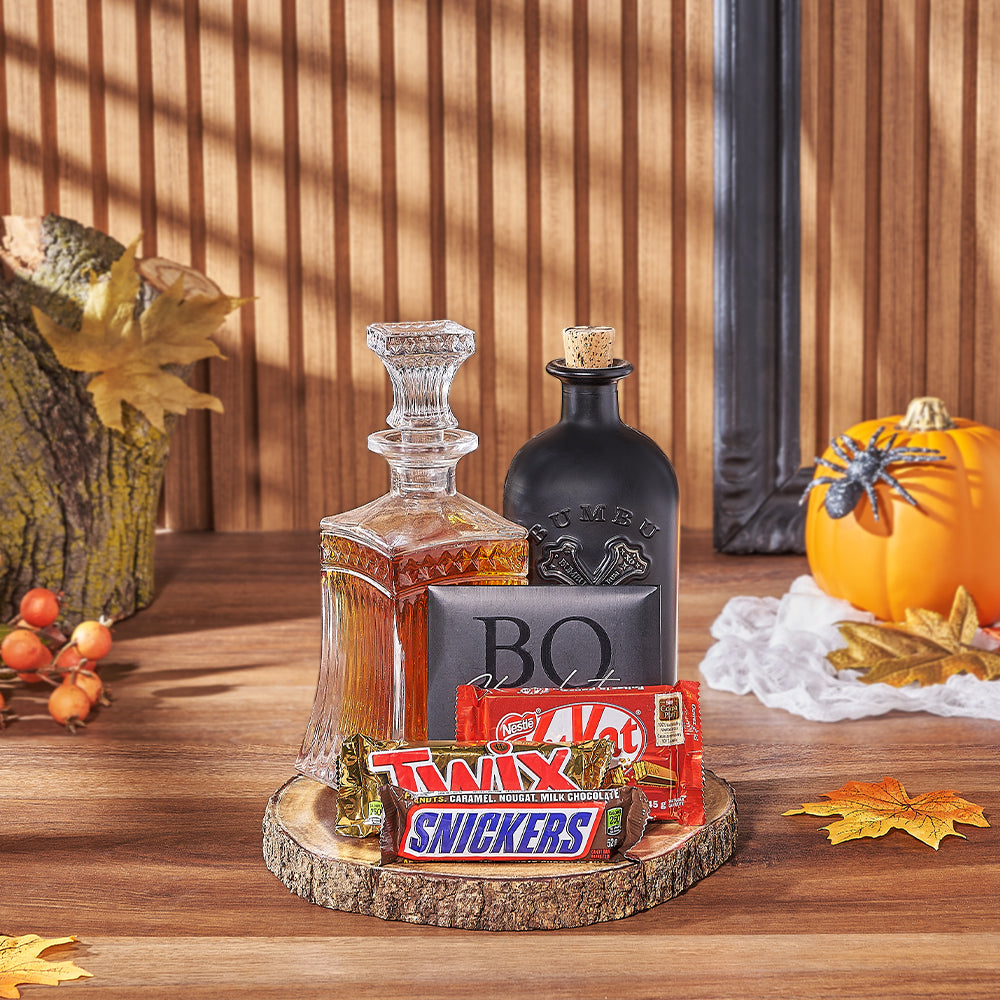Halloween Vodka and Boss Chocolate Gift Set with Tapered Decanter – how the gift is presented