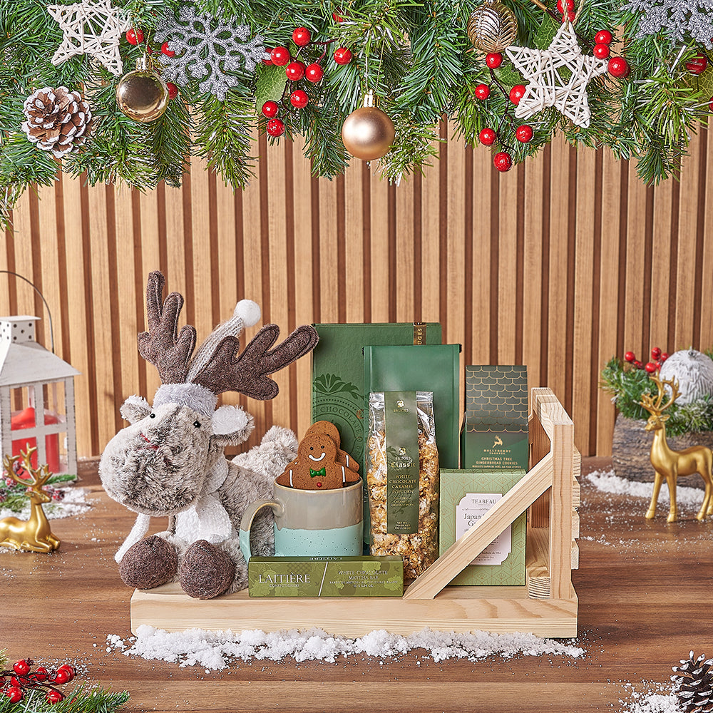 Holiday Wood Sleigh White Chocolate Basket – how the gift is presented