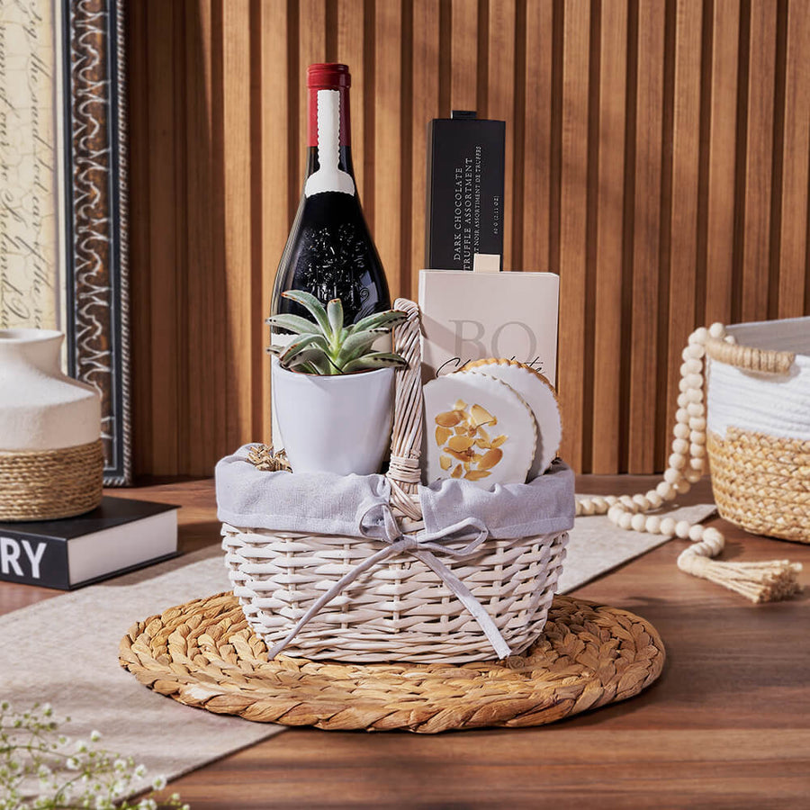 Sweet Succulent & Wine Gift Basket, wine gift, wine, chocolate gift, chocolate, plant gift, plant, Hamilton delivery