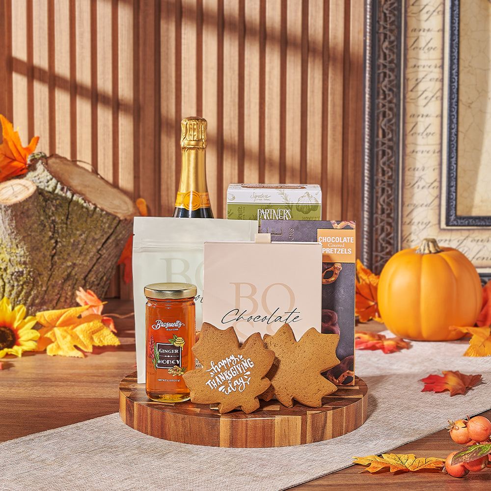 Premium Sparkling Wine Basket with Thanksgiving Cookies and Chocolates – how the gift is presented