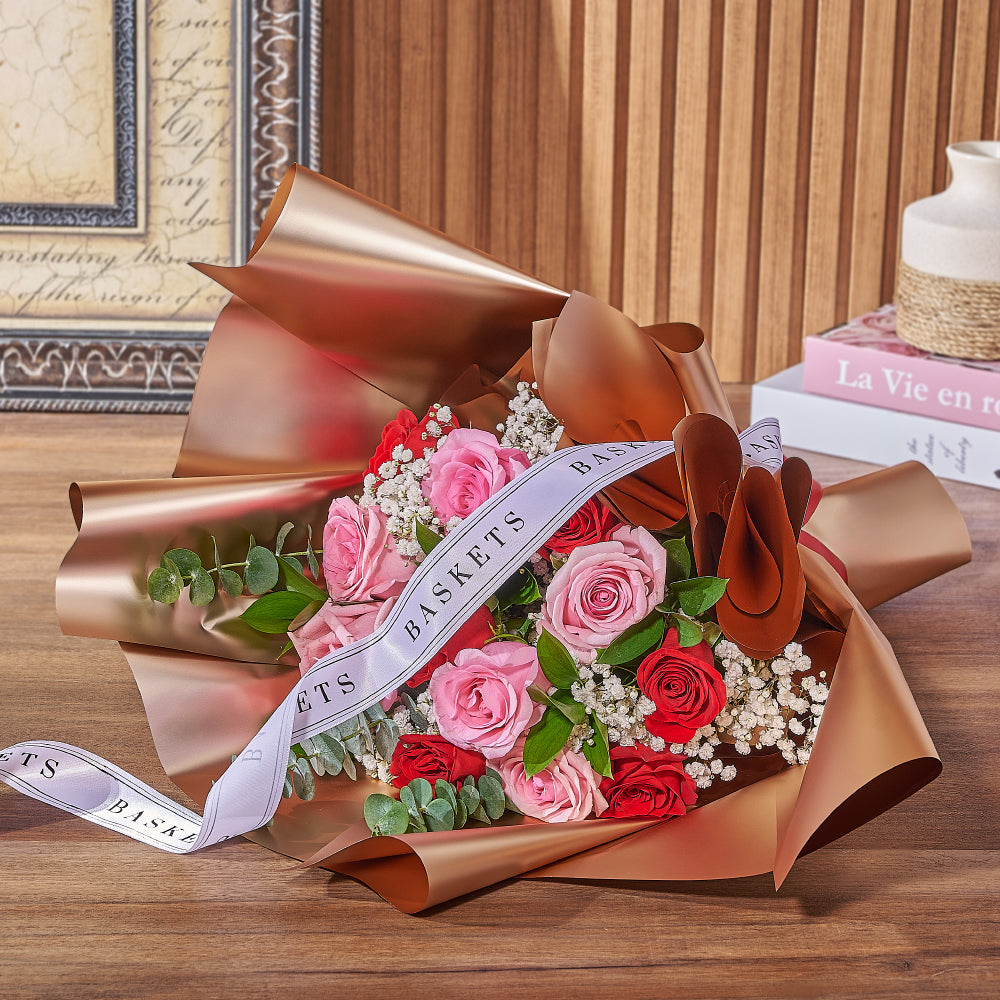 Tied Ribbon Rose and Eucalyptus Floral Wrap Bouquet – how the gift is presented