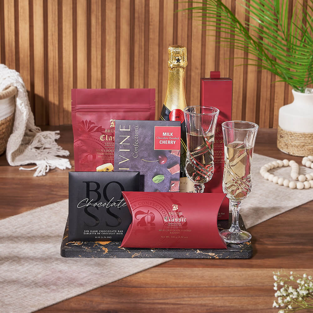 Chocolate and Sparkling Wine Treat Basket – how the gift is presented